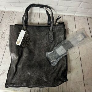 Erin Condren NWT Metallic Black Leather Crossbody Tote Bag  Purse Large